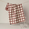 A kitchen towel in cream and dark red grid plaid hangs from a wire against a soft neutral backdrop next to a clear glass carafe and cup with water.