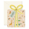 Baby shower die-cut card with a yellow ribbon and 'BABY' tag on a white background