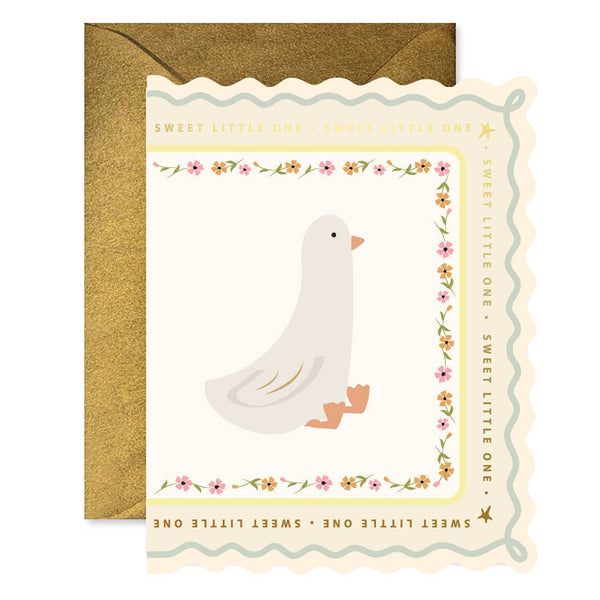 Scalloped die-cut greeting card with a goose illustration accented by florals and the repeating text 'Sweet little one' with a decorative gold envelope on a white background