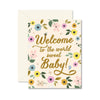 Greeting card with floral design and text 'Welcome to the world sweet baby!' and an envelope on a white background.