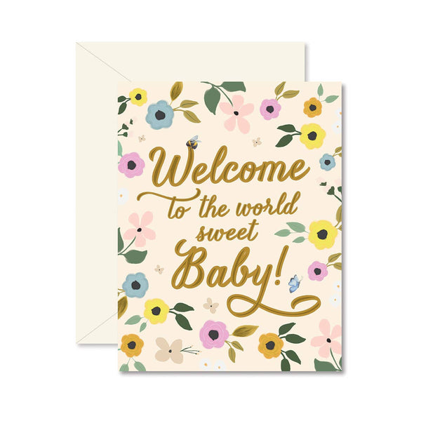 Greeting card with floral design and text 'Welcome to the world sweet baby!' and an envelope on a white background.
