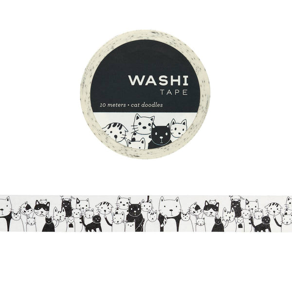 Washi tape with black and white cat doodles design on a white background