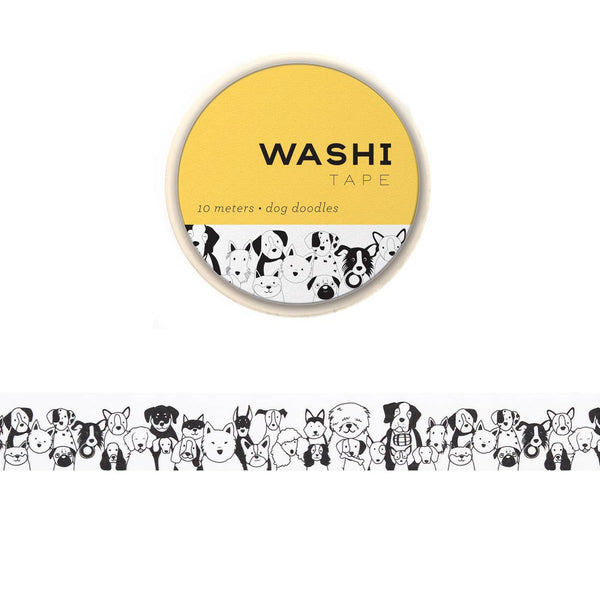 Washi tape with black and white dog doodles design on a white background