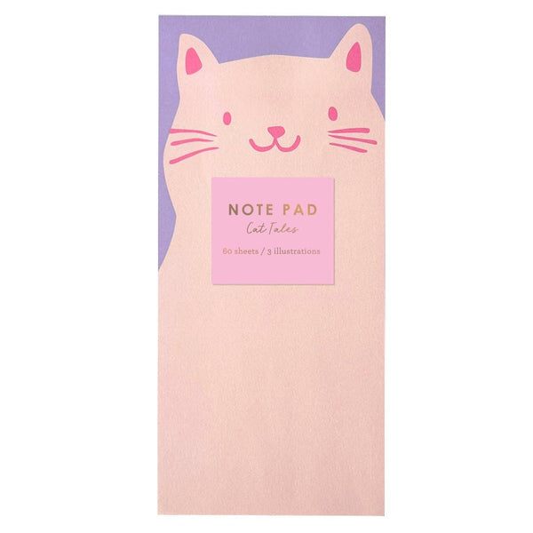 Cat-illustrated note pad with a pink front cover and purple back on a white background