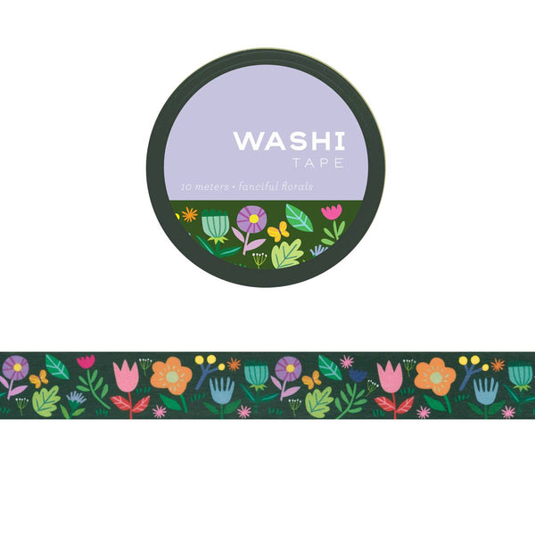 Washi tape with rich colorful floral design and visible brand packaging on a white background