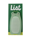 A green frog-shaped sticky pad with a smiling face, shown attached to its dark green backing card that reads 'List Sticky Pad'.