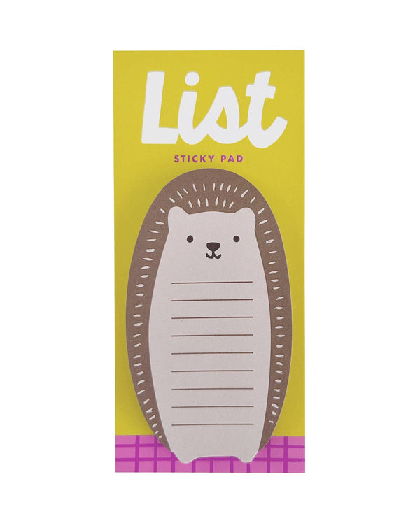 Sticky note pad with hedgehog design on yellow and pink packaging against a white background.