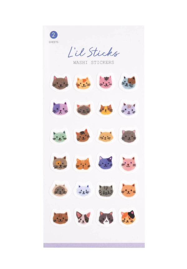 Sheet of cat-themed washi stickers with 'Lil Sticks' branding on a white background