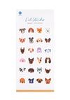 Sheet of dog-themed washi stickers with 'Lil Sticks' branding on a white background