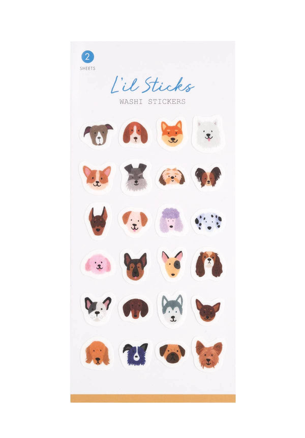 Sheet of dog-themed washi stickers with 'Lil Sticks' branding on a white background