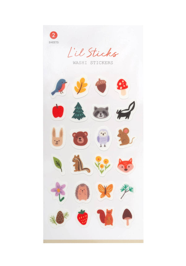 Sheet of 'Lil Sticks' washi stickers with various animal and nature-themed designs on a white background.
