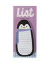 A penguin-shaped sticky note pad on its lavender packaging card, featuring the word 'List' at the top and a lined writing area on the penguin's belly.