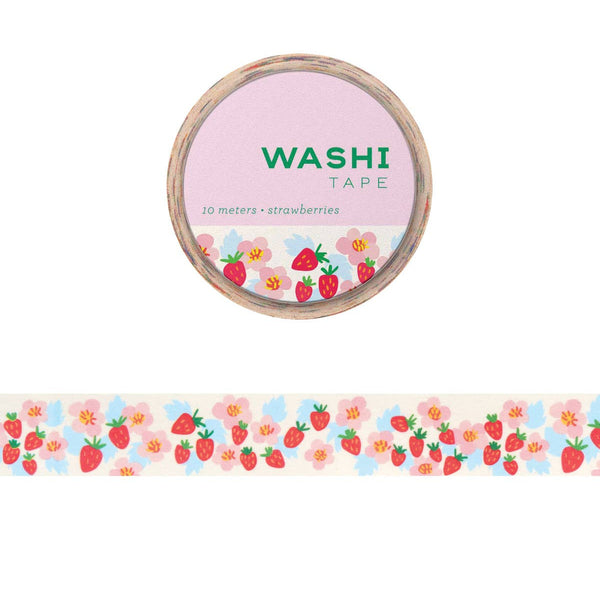Washi tape with strawberry design and pink container on a white background