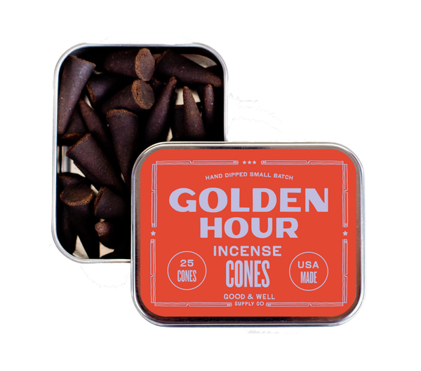 Tin of Golden Hour incense cones with red label on a white background