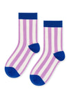 Pair of kid's socks with purple and white stripes and blue accents on a white background