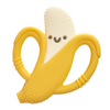 Yellow banana-shaped teether with a smiley face on a white background