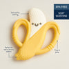 Features of a yellow banana-shaped teether with soft silicone design on a light background.