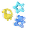Three colorful chillable baby teething toys on a white background