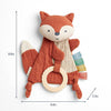 Fabric fox toy with a ring, showing dimensions on a white background