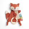 Fabric fox crinkle sensory toy with a teether ring on a white background