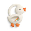 Goose shaped silicone teether with colorful rattle beads inside on a white background.