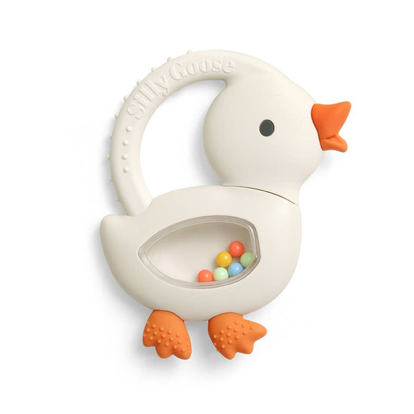 Goose shaped silicone teether with colorful rattle beads inside on a white background.