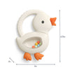 White goose-shaped teething toy with colorful beads and measurements on a white background