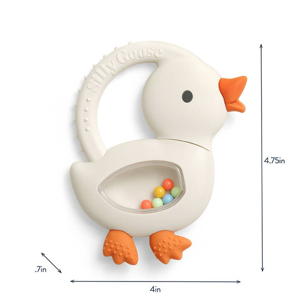 White goose-shaped teething toy with colorful beads and measurements on a white background