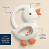 White goose silicone teething toy with features highlighted on a beige background.