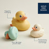 Three rubber ducks in different colors on a light background with text highlighting features.