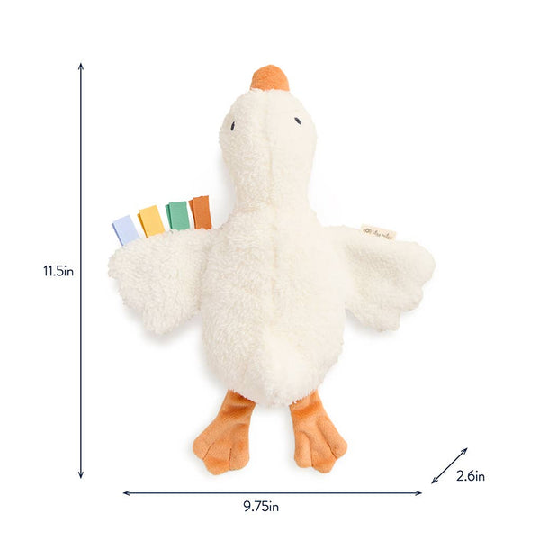 Plush toy goose with measurements on a white background