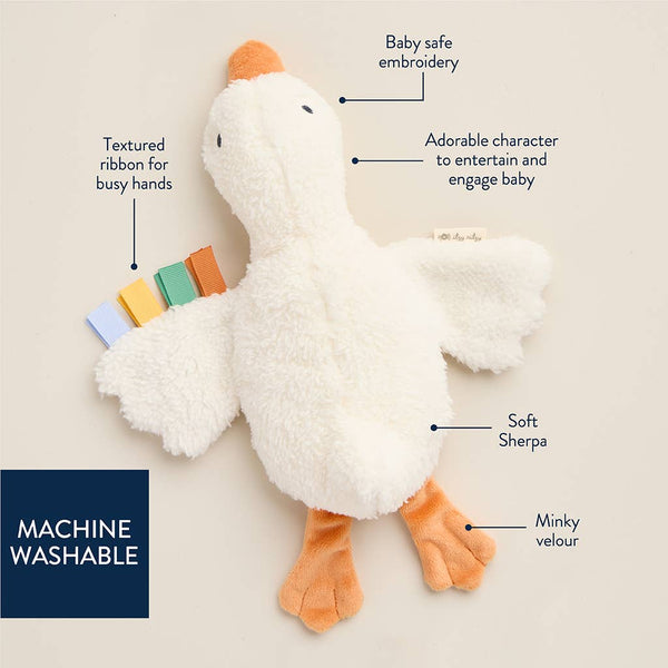 Plush goose toy with features labeled on a beige background