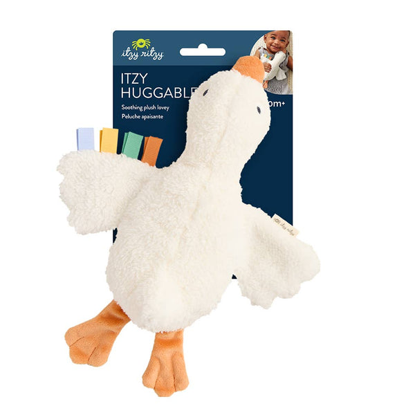 Plush sensory toy goose with packaging on a white background