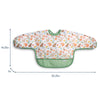A baby bib with a woodland animal print pattern and green trim, shown with dimension lines indicating measurements of 14.25 inches in height, 30.25 inches in wingspan width.