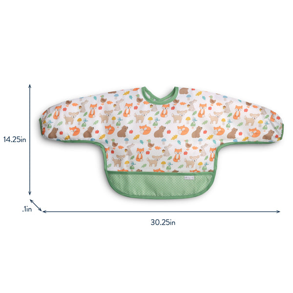 A baby bib with a woodland animal print pattern and green trim, shown with dimension lines indicating measurements of 14.25 inches in height, 30.25 inches in wingspan width.