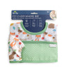 Itzy Everywhere Bib packaging with animal pattern and green accents