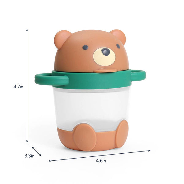 A cute bear-shaped plastic snack cup with a brown bear head lid, green handle, and clear body, shown with dimension arrows and labels indicating height of 4.7 inches, width of 4.6 inches, and depth of 3.3 inches.