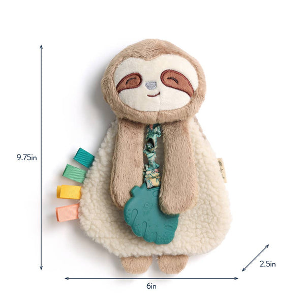 Plush sloth toy with dimensions on a white background