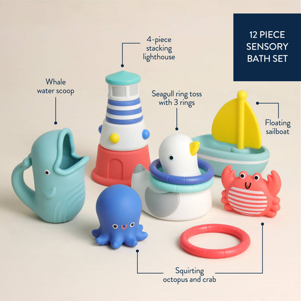 12-piece sensory bath set with labeled components and features on a beige background