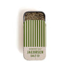 Tin of rosemary salt with striped design and 'Jacobsen Salt Co.' branding on a white background.