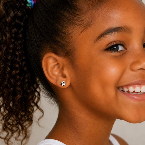 A close-up of a smiling young girl with curly dark hair in a ponytail, wearing a small black and white soccer ball stud earring.