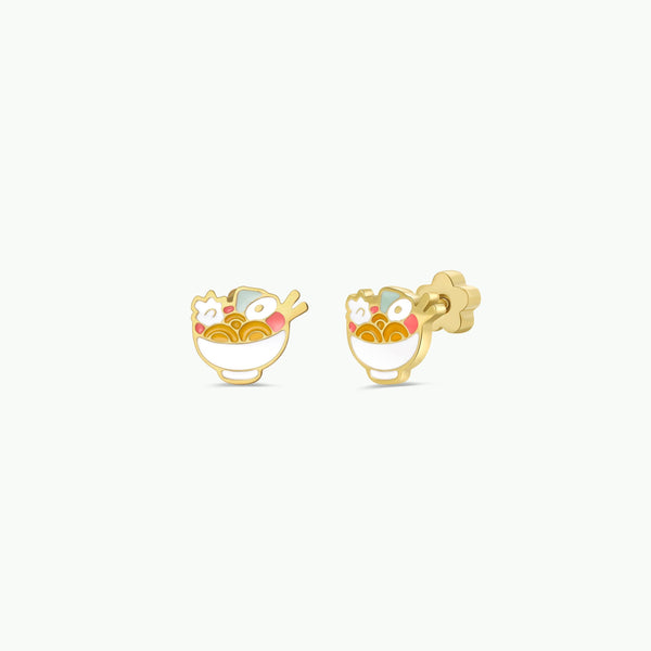 Two gold and enamel stud earrings in the shapes of ramen bowls with kid-friendly flat back studs on a white background.