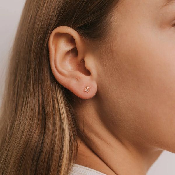 A close up view of a person with light brown hair wearing a gold and white CZ stone double stud earring.