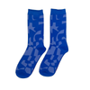 Pair of blue socks with lighter blue abstract pattern on a white background