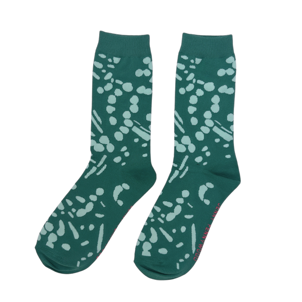 Green socks with a mint green abstract pattern on a white background