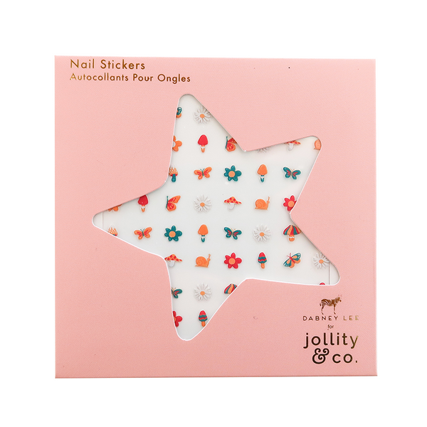 Pink cardstock envelope labeled 'Nail Stickers' and 'Dabney Lee for Jollity & Co' with a star-shaped window cutout showing a sheet of colorful nature-inspired nail stickers including flowers, mushrooms, butterflies, and snails, against a white background.