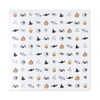 A sheet of Halloween-themed nail decals featuring repeating icons of pumpkins, bats, witch hats, spiderwebs, stars, and eyeballs on a white background.