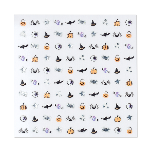 A sheet of Halloween-themed nail decals featuring repeating icons of pumpkins, bats, witch hats, spiderwebs, stars, and eyeballs on a white background.