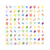 A square sheet of clear adhesive nail stickers decorated with a colorful grid of small food and drink illustrations, including lemons, cherries, pasta, crabs, and flowers, shown on a plain white background.