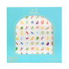 A package of 'le dinner' nail stickers by Jollity & Co. The product features a white background with a colorful, whimsical stickers of seafood, fruits, and vegetables, presented in a light blue arched window envelope with gold foil branding.